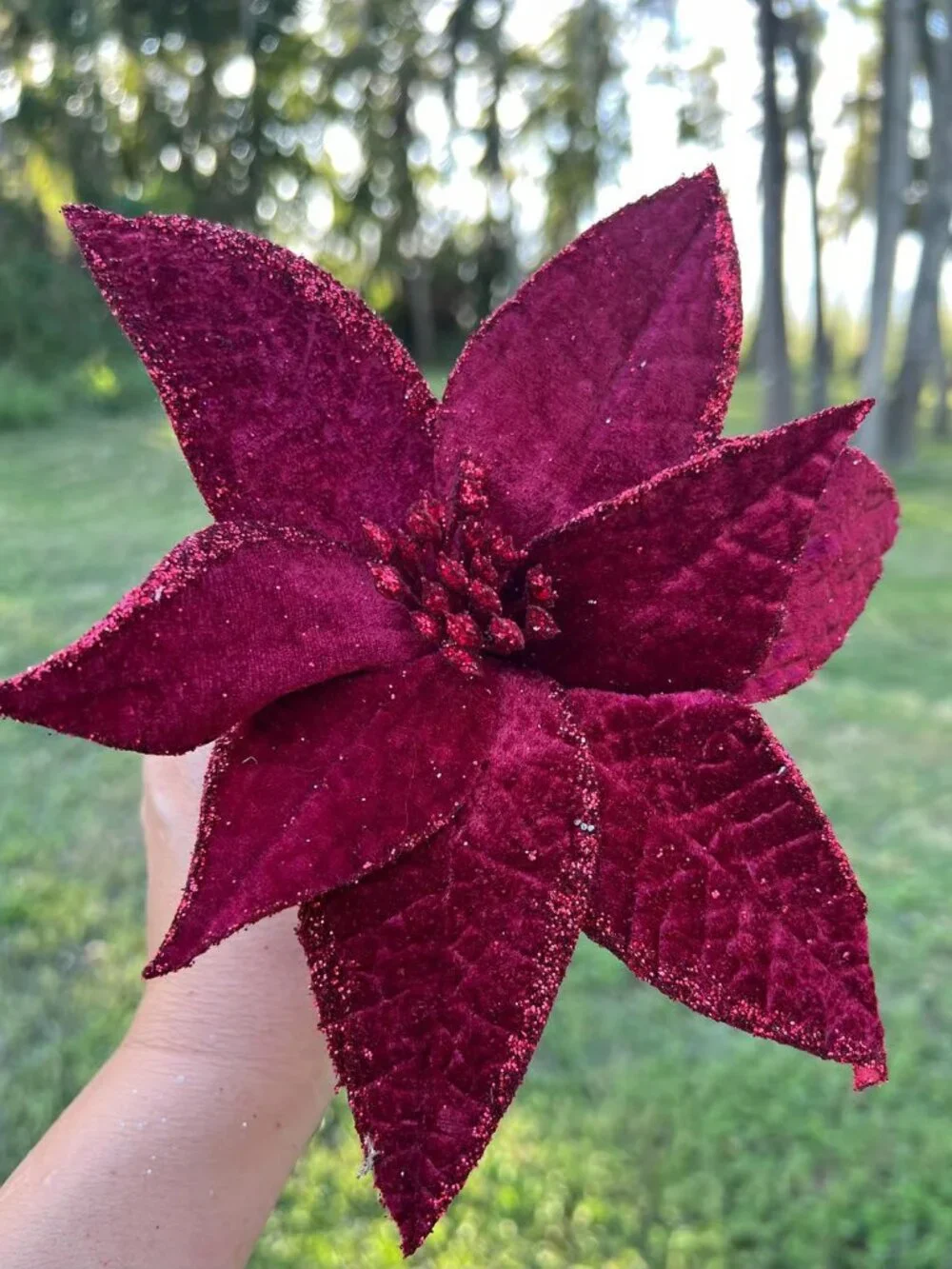 Burgundy Velvet Poinsettia Clip Pick Christmas Tree Trimming Wreath Decor